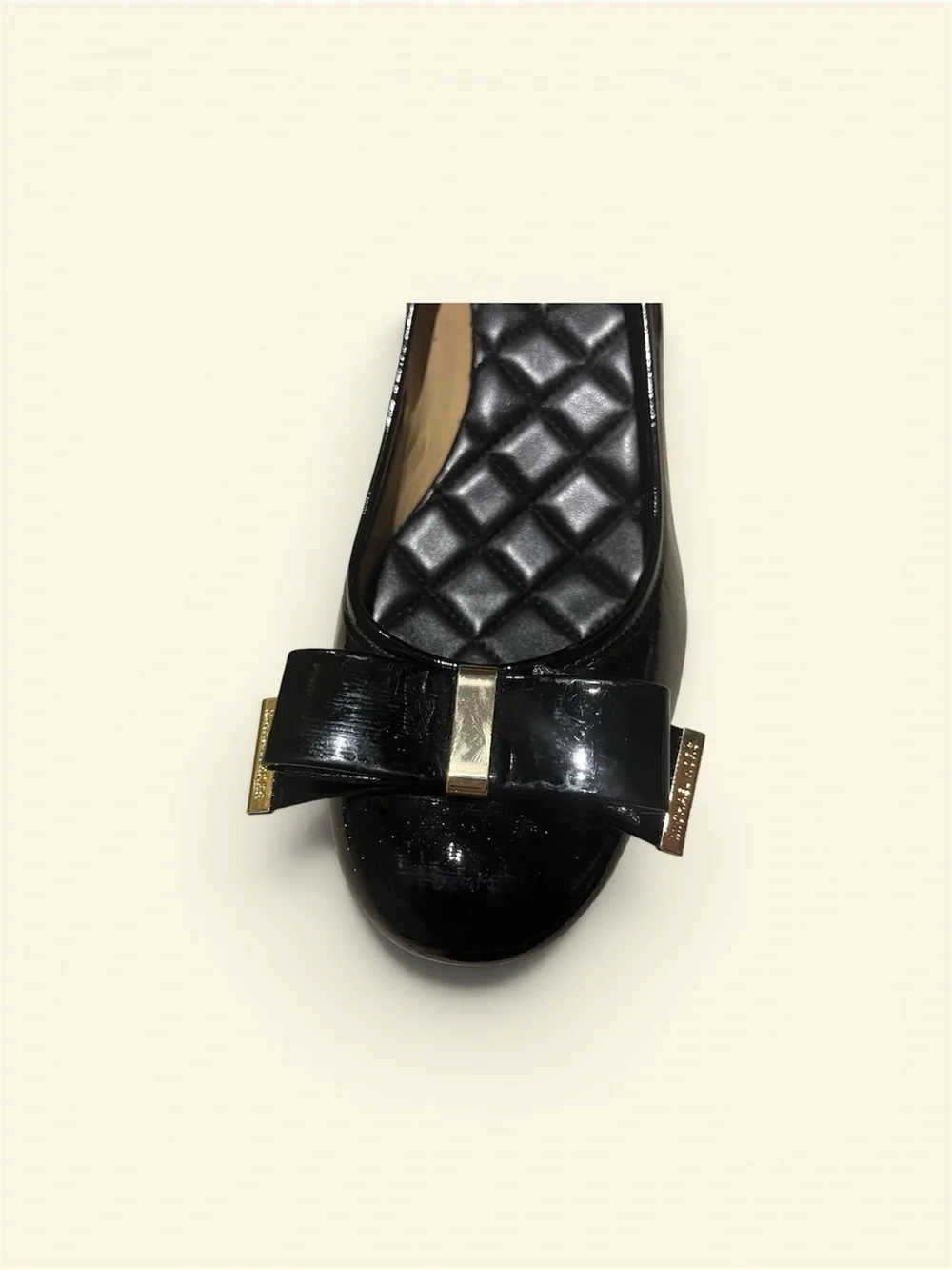 Michael Kors Black Leather Patent Low Heel Pumps with Gold Accent